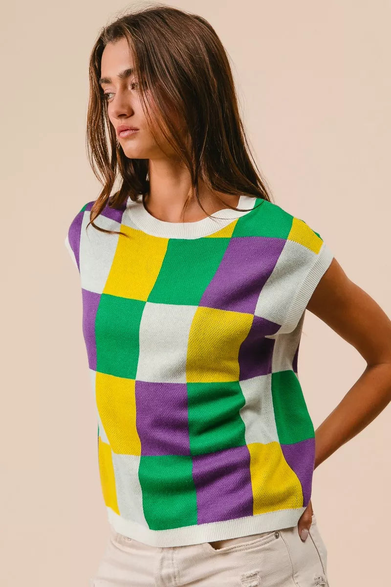 Mardi Gras Checker Pattern Sleeveless Sweater Top