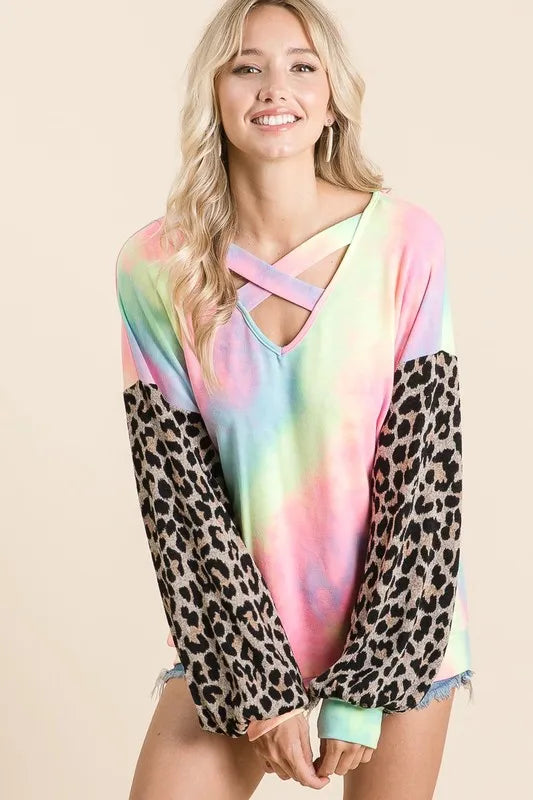 Tie Dye Terry Top with Leopard Puff Sleeves