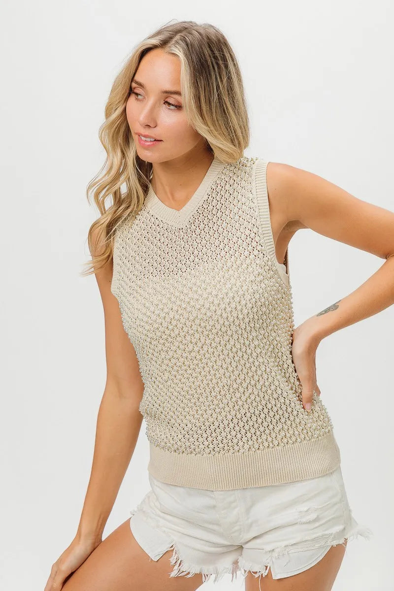 Knitted Beaded Pearl V Neck Sleveless Top