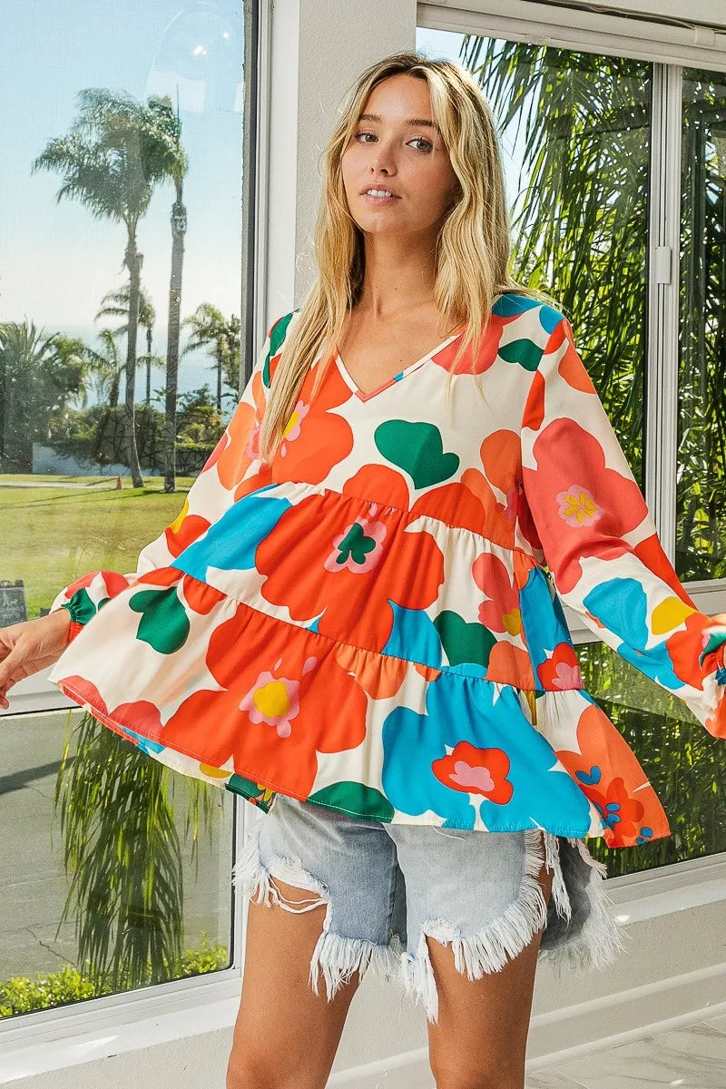 Floral Woven Tiered V Neck Top