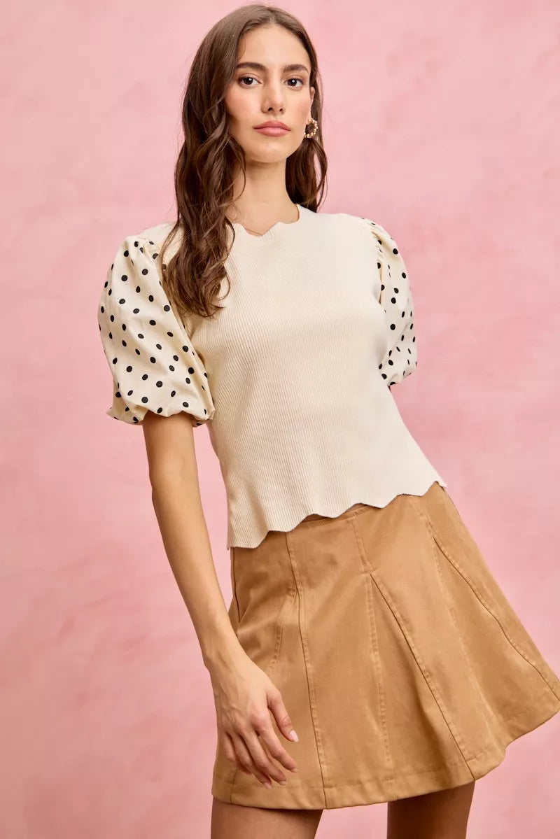 Polka Dot Contrast Woven Ballon Sleeve Blouse