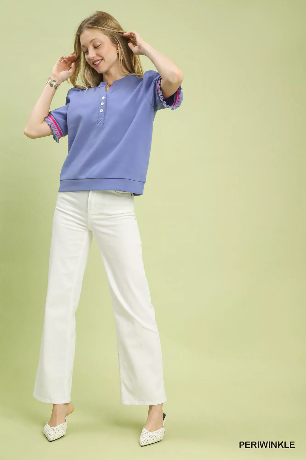 Puff Sleeve Button Front Top with Contrast Trim