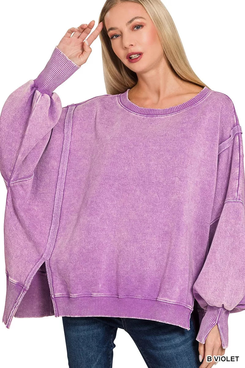 Acid Washed Batwing Sleeve Fleece Sweatshirt