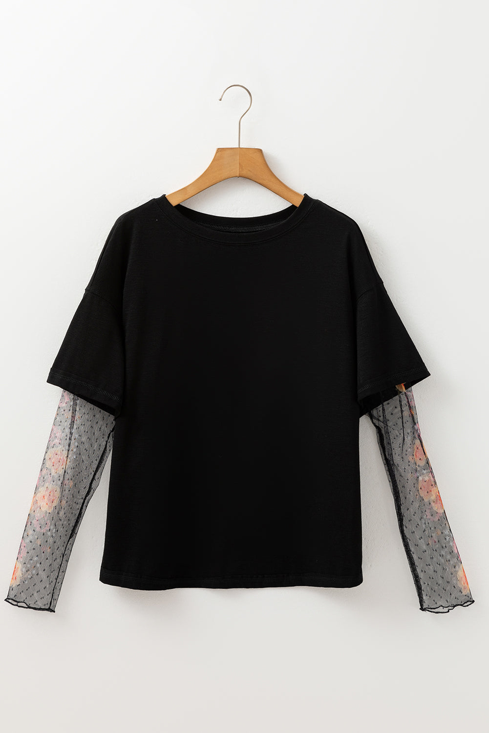 Fern Green Floral Mesh Patchwork Sleeve Crewneck Top