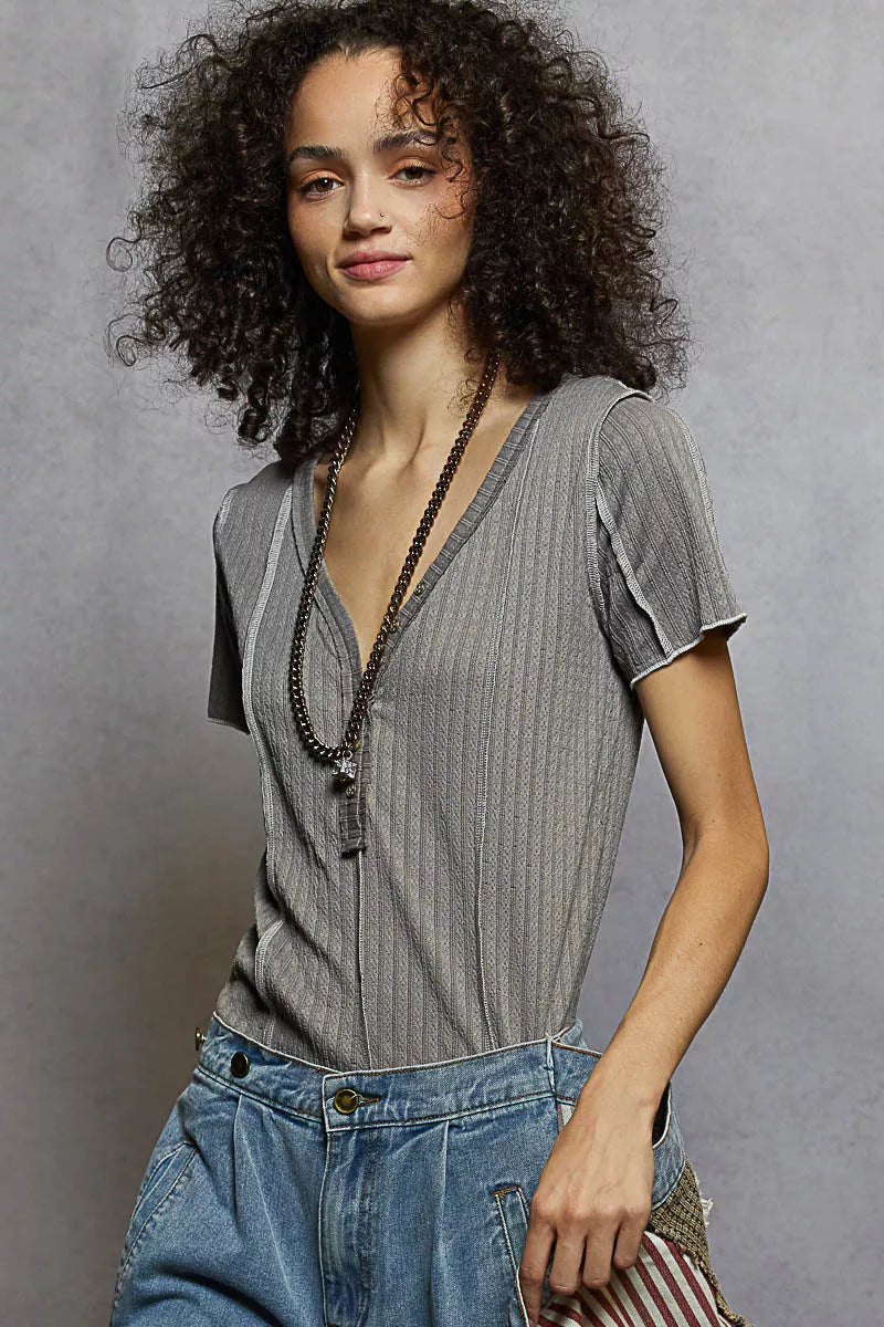 V-Neck Short Sleeve Top with Stitch Seam Detail