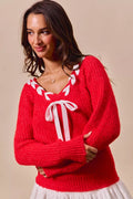Satin Tape Braided Ribbon Tie V Neck Sweater