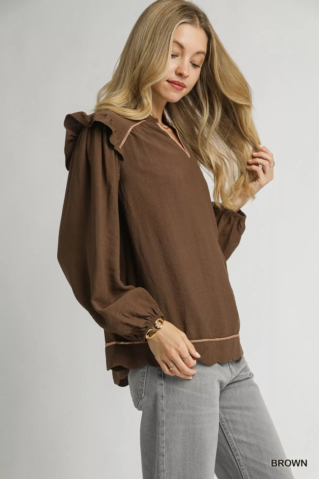 Ruffle Shoulder Long Sleeve Blouse