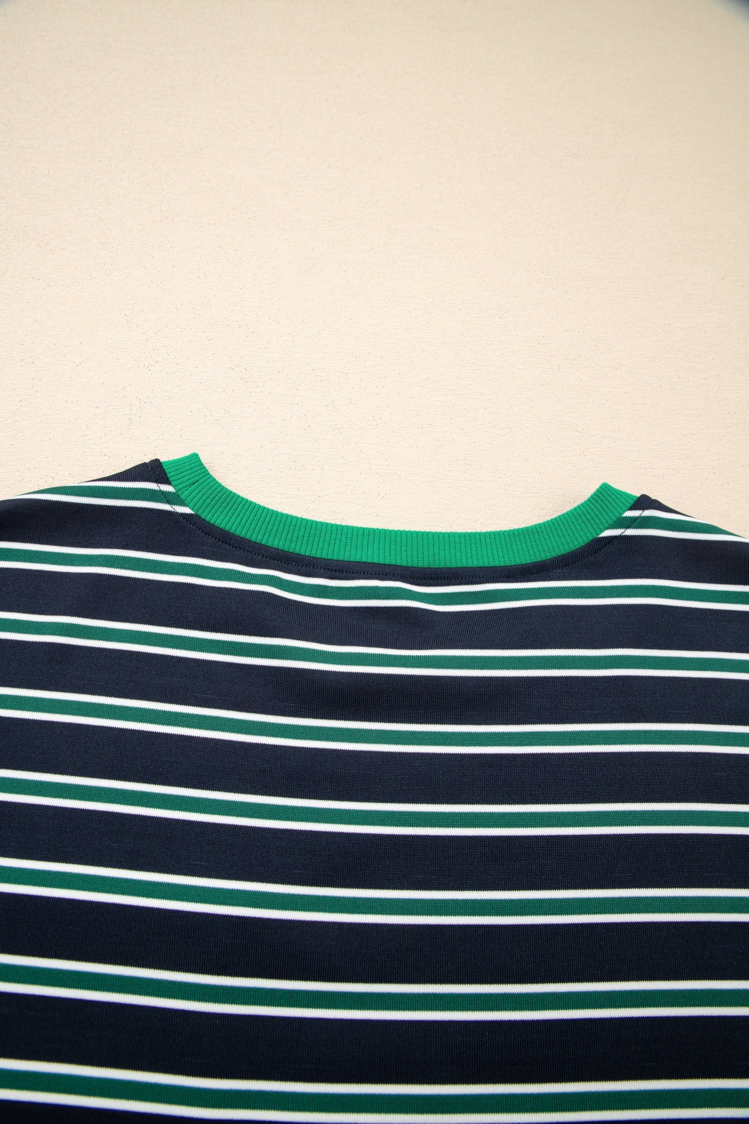 Green Stripe Ribbed Color Block Patchwork Crew Neck Patch Pocket Long Sleeve Top
