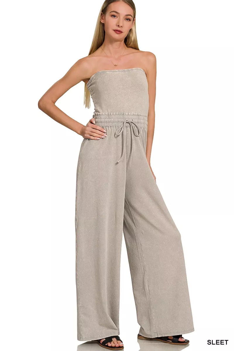Acid Washed Strapless Tube Top Jumpsuit