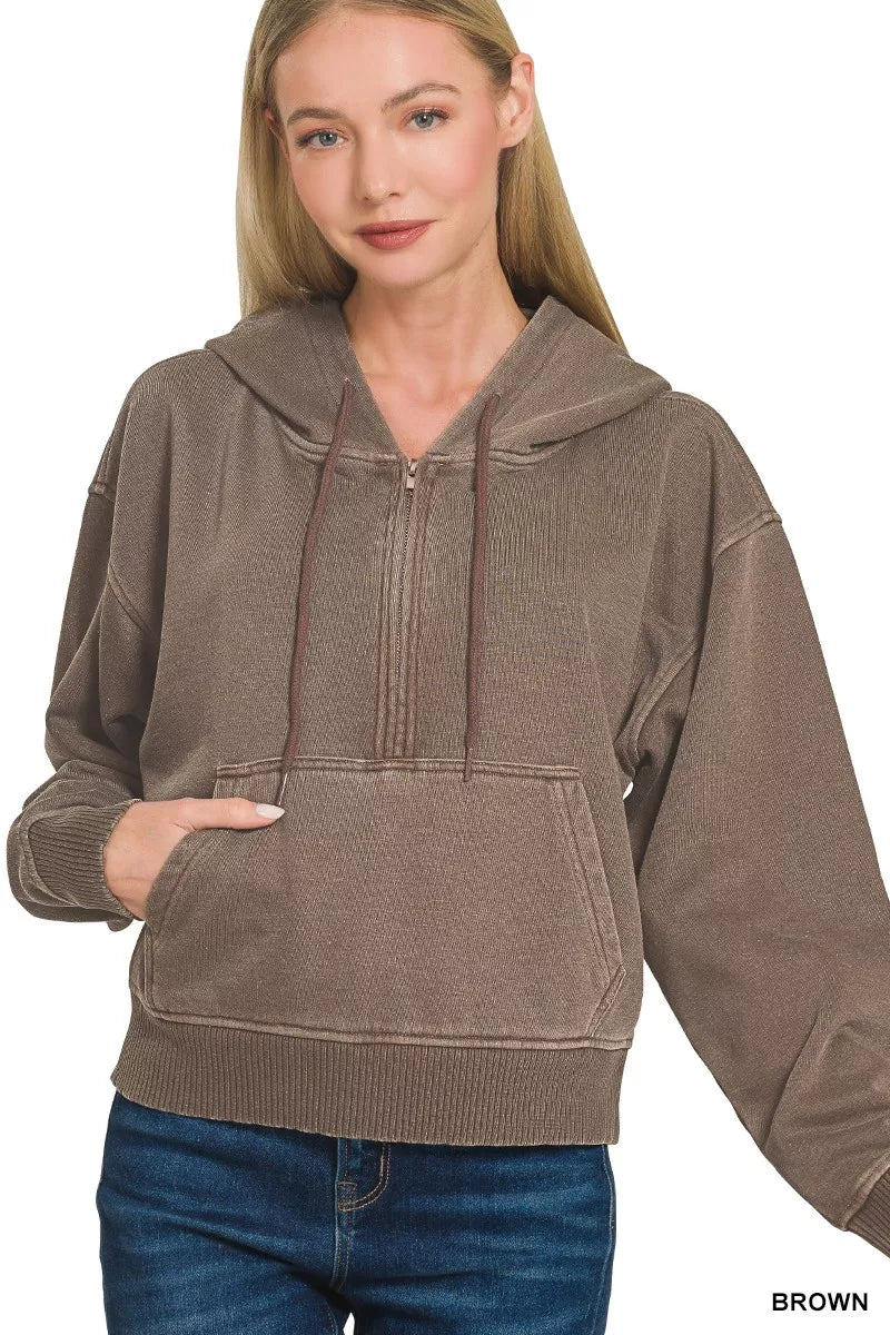 Fleece Pigment Dye Half Zip Kangaroo Pocket Hoodie