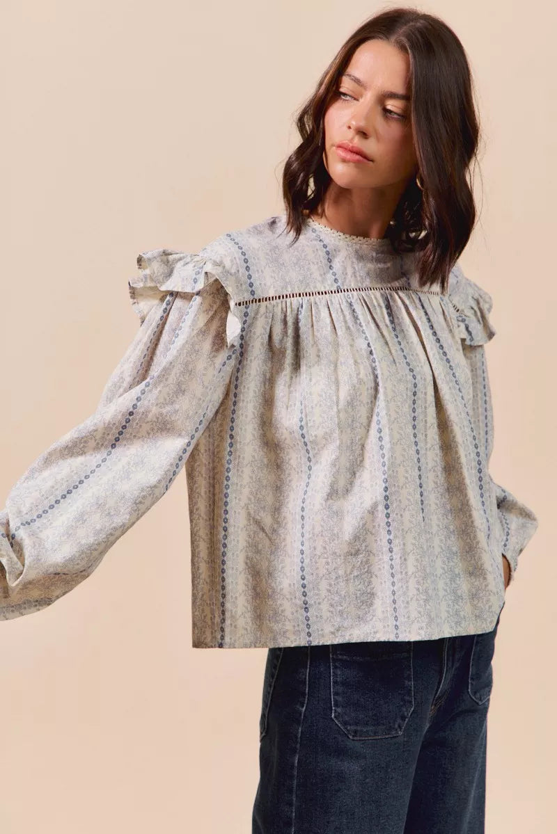 Floral Cotton Print Ruffled Long Sleeve Blouse