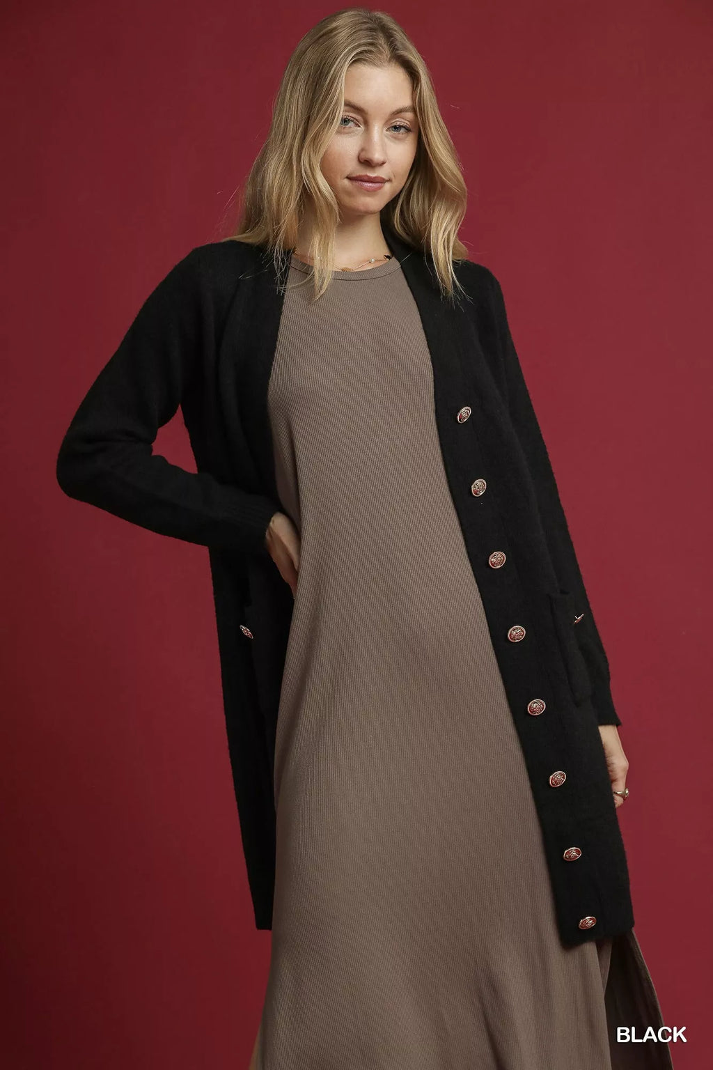 Button-Down Longline Sweater Cardigan with Front Pockets