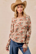 Floral Print Washed Waffle Thermal Top with Thumb
