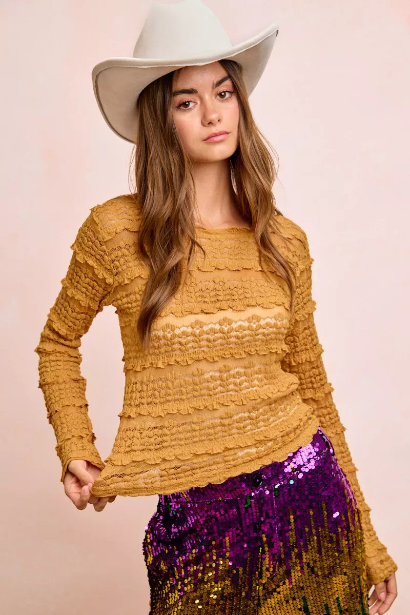 Ruffles Detail Mardi Gras Color Flower Lace Top