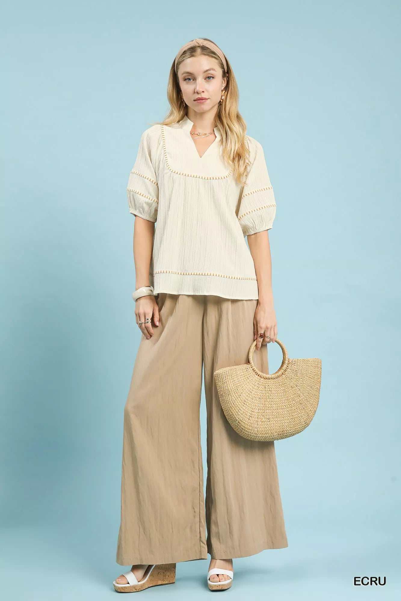 Textured Short Sleeve Top with Contrast Trim