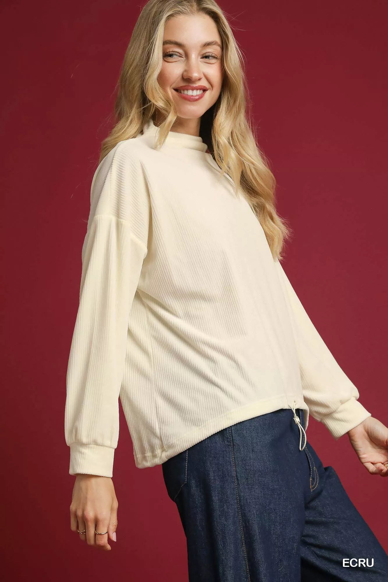Ribbed Drawstring Hem Knit Top