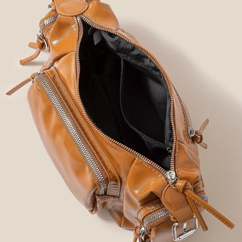Glossy Faux Leather Multi Pocket Hand Bag