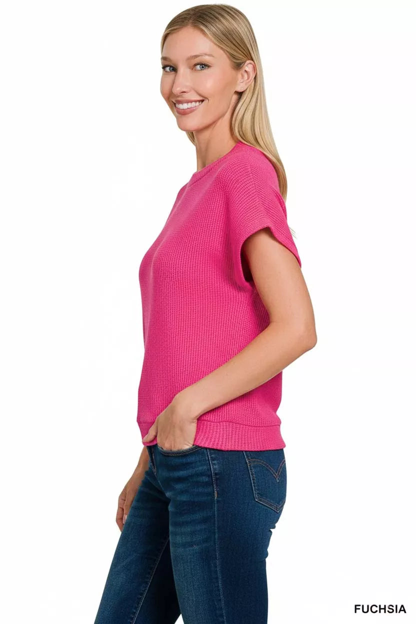Round Neck Banded Botton Short Sleeve Sweater