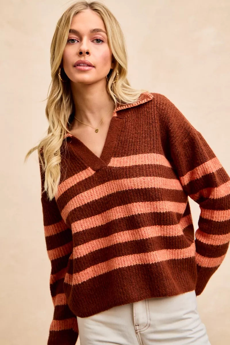 Striped Sweater Top with Collar Stitched Details