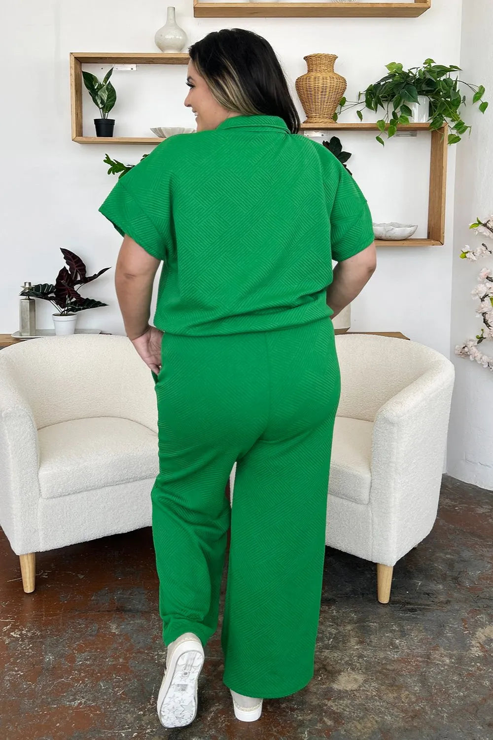 I am a Fashion Junky Full Size Texture Half Zip Short Sleeve Top and Pants Set