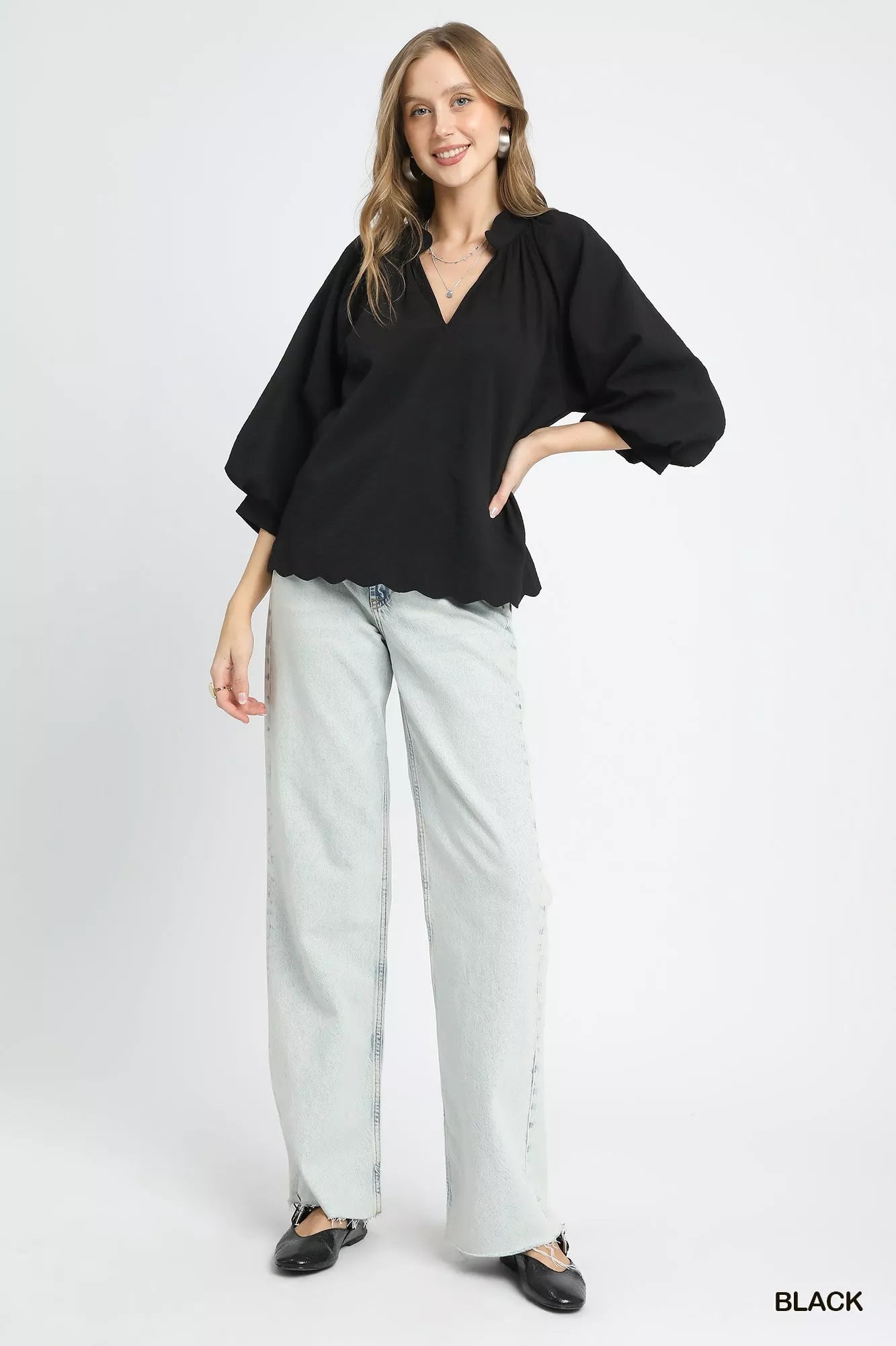 Full Size Textured Notched Balloon Sleeve Blouse Plus Size
