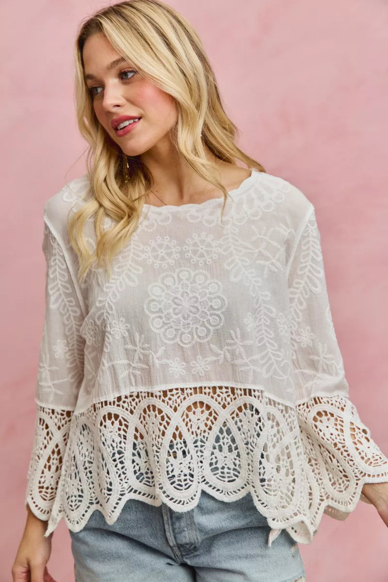 Floral Embroidered Crochet Lace Trimmed Top
