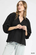 Full Size Textured Notched Balloon Sleeve Blouse Plus Size