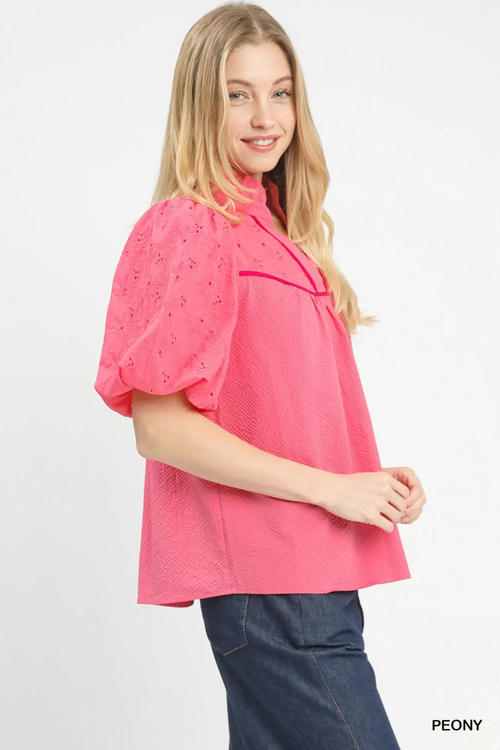 Puff Sleeve Eyelet Mix Top with Contrast Piping