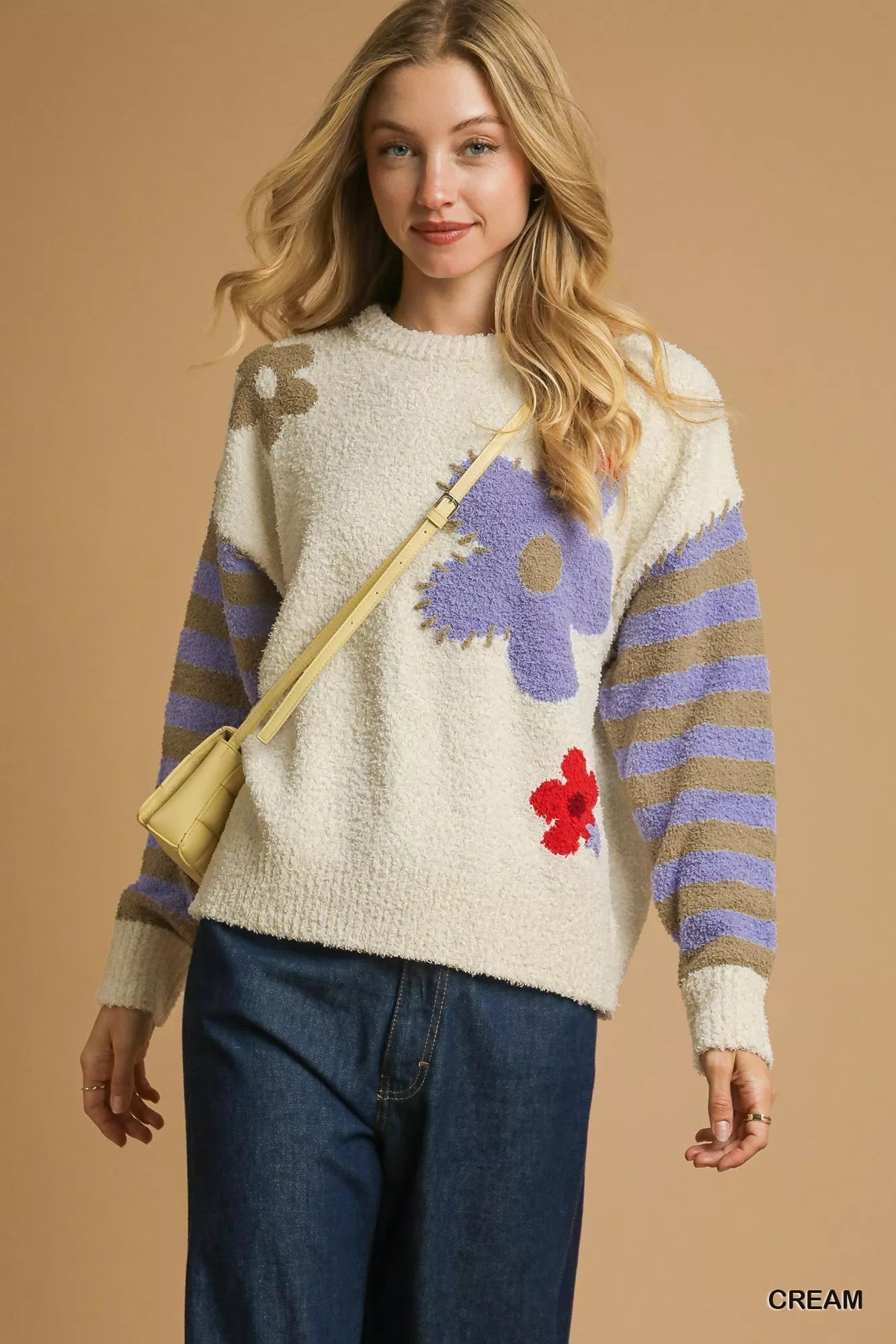 Flower Jacquard Striped Long Sleeve Sweater
