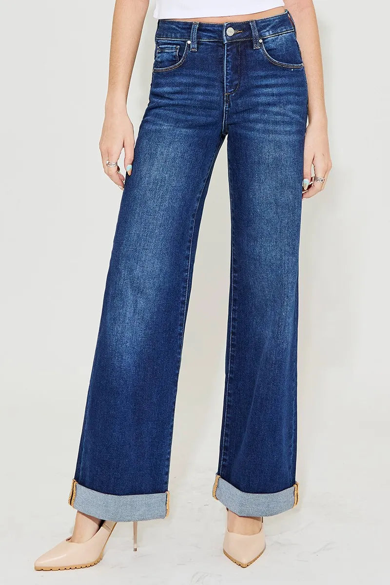 Full Size Tummy Control High Rise Wide Leg Cuffed Jeans Plus Size
