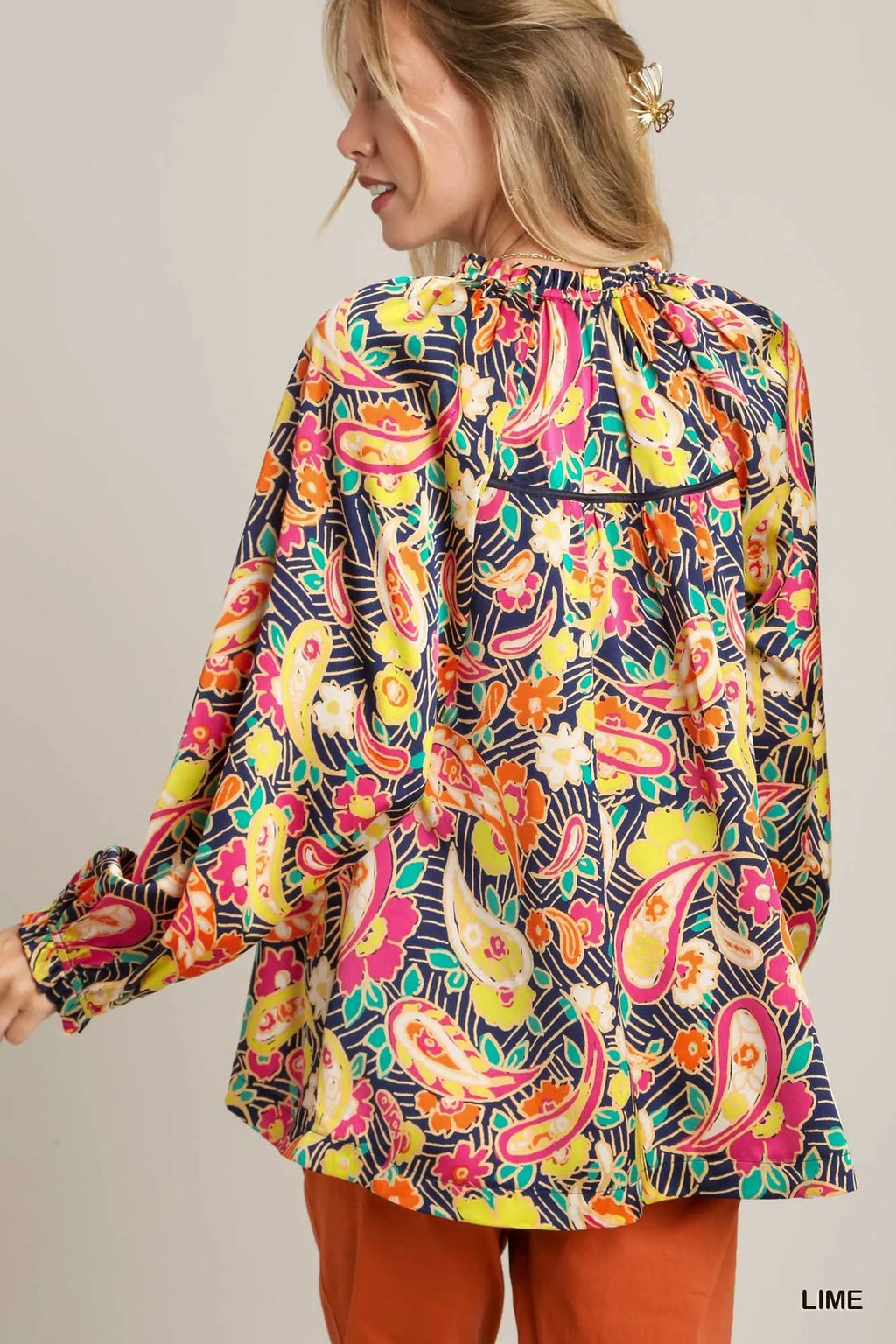 Full Size Satin Paisley Ruffle Neck Button-Up Shirt Plus Size