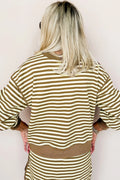 Brown Stripe Textured Drop Shoulder Pullover Top Drawstring Mini Skirt Two Piece Dress Set