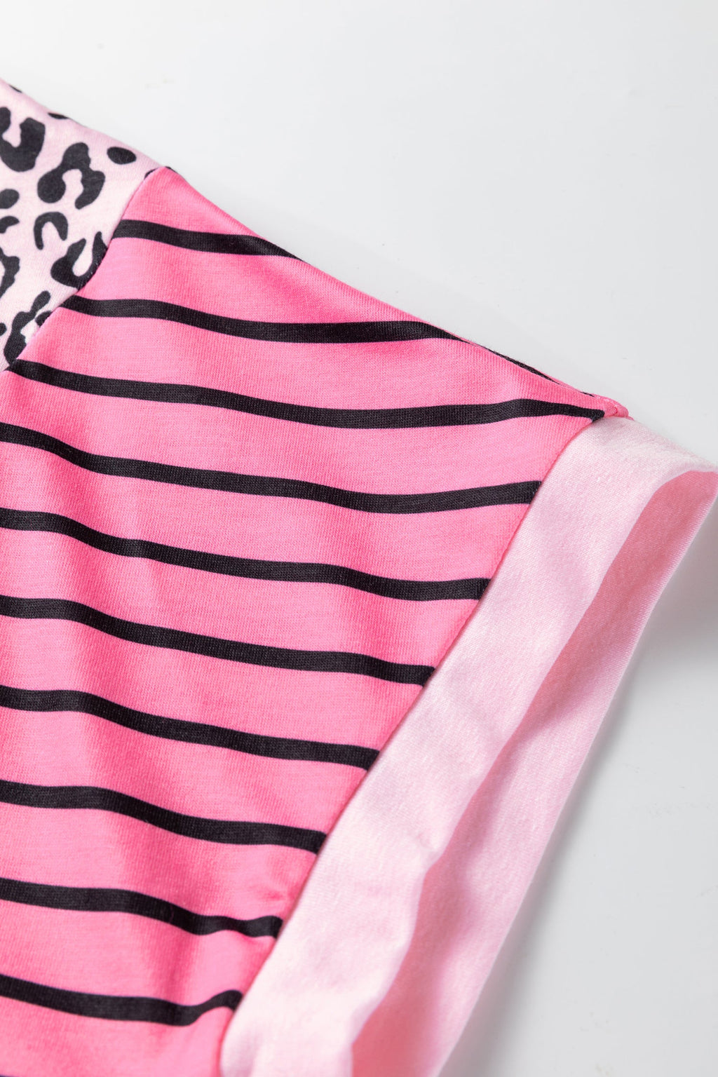 Pink Leopard Striped Patchwork Side Slit Loose Short Sleeve Top