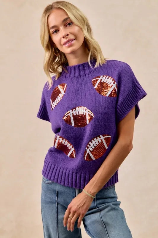 Gameday Sequin Football Patches Rib Banded Sweater