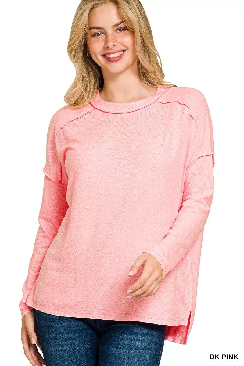Full Size Melange Hacci Exposed Seam Hi-low Tee Plus Size