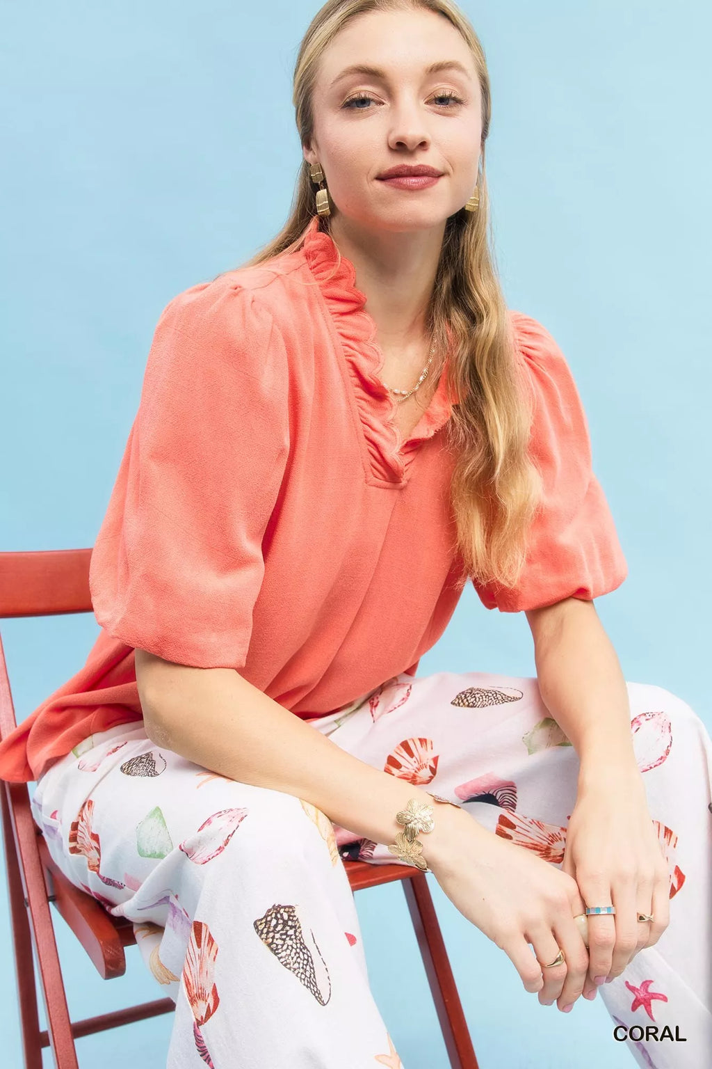 Linen Scallop Trim V-Neck Blouse