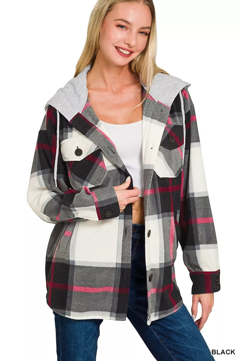 Plaid Drawstring Hooded Fleece Shacket