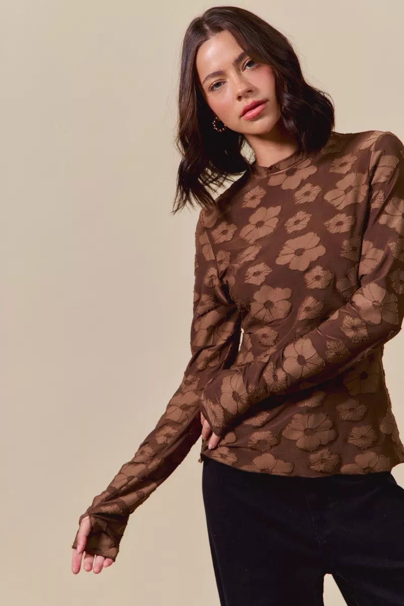 Stretched Jacquard Casual Tops with Thumb Opening