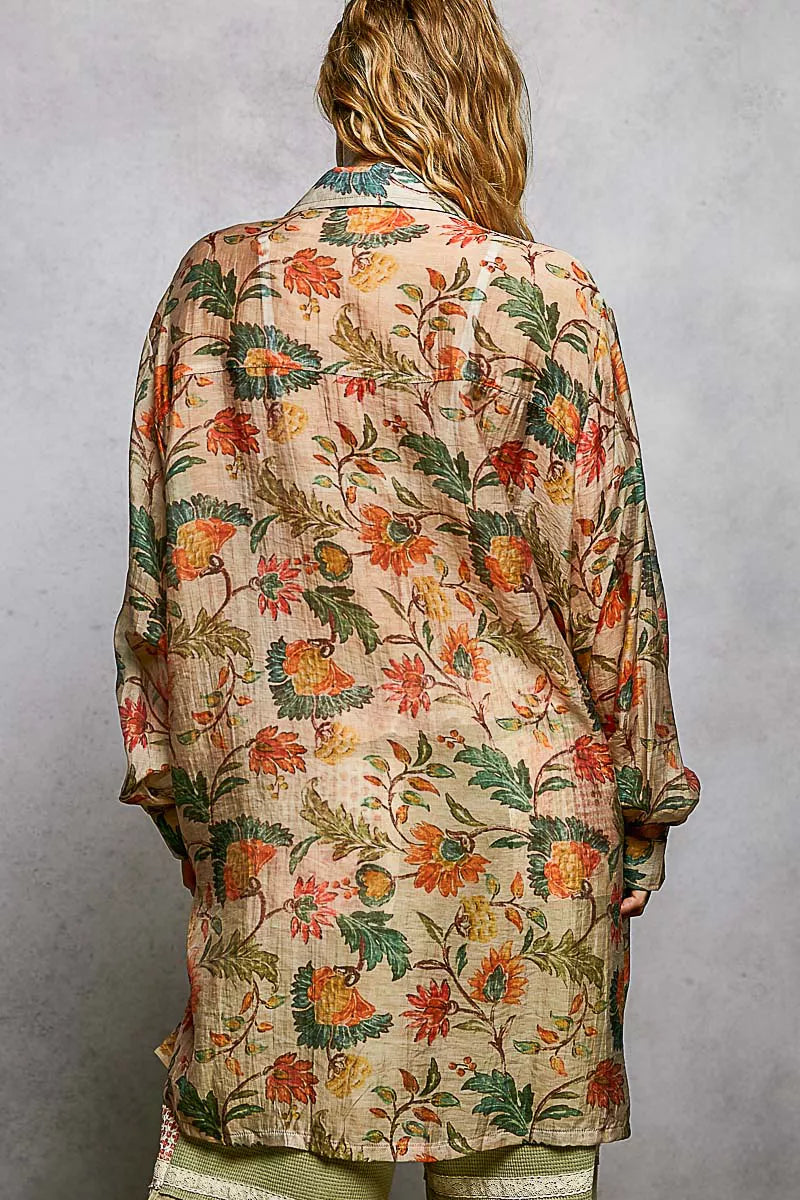 Metal Button Down Floral Long Sleeve Shirt