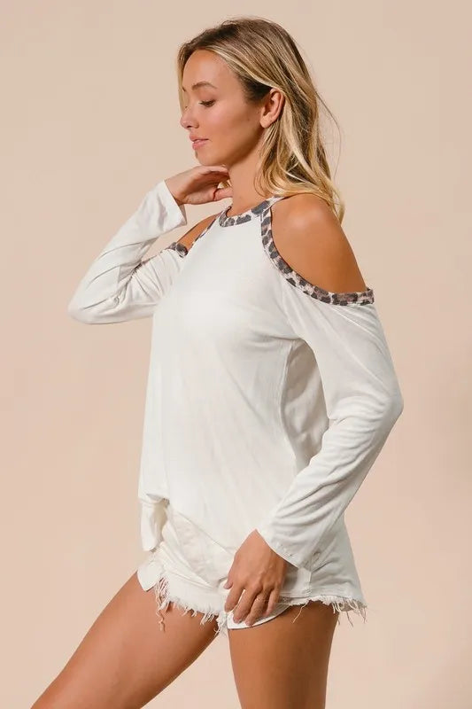 Jersey Knit Cold Shoulder Top with Leopard Neck