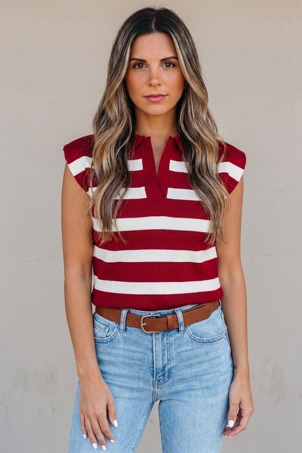 Red Stripe Collared Split Neck Sweater Vest
