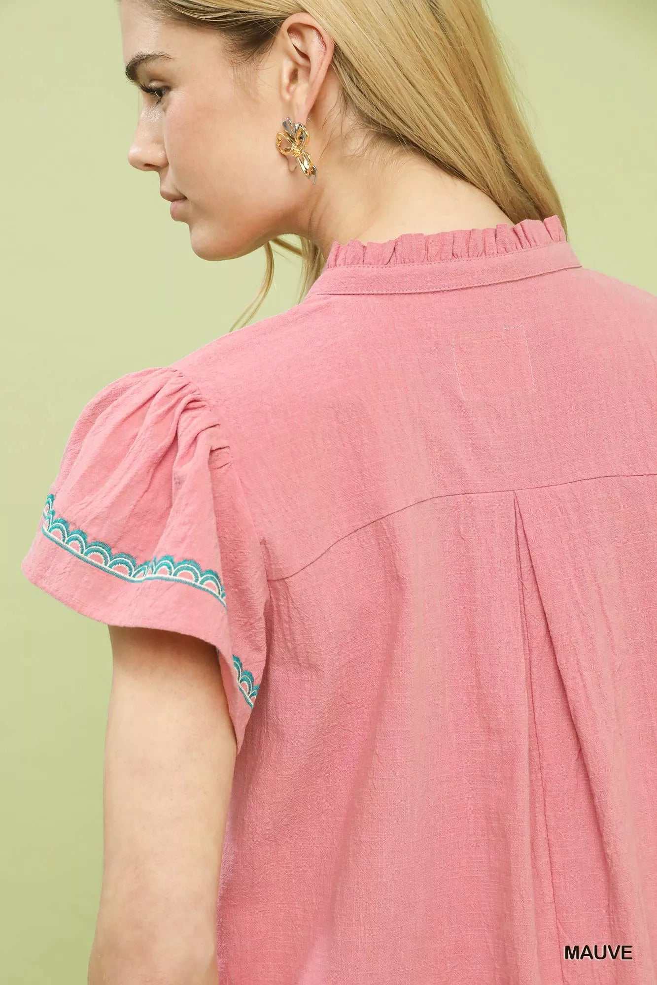 Embroidered Flutter Sleeve Blouse