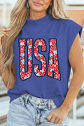 Sky Blue USA Floral Lettering Print High Neck Short Sleeve Top