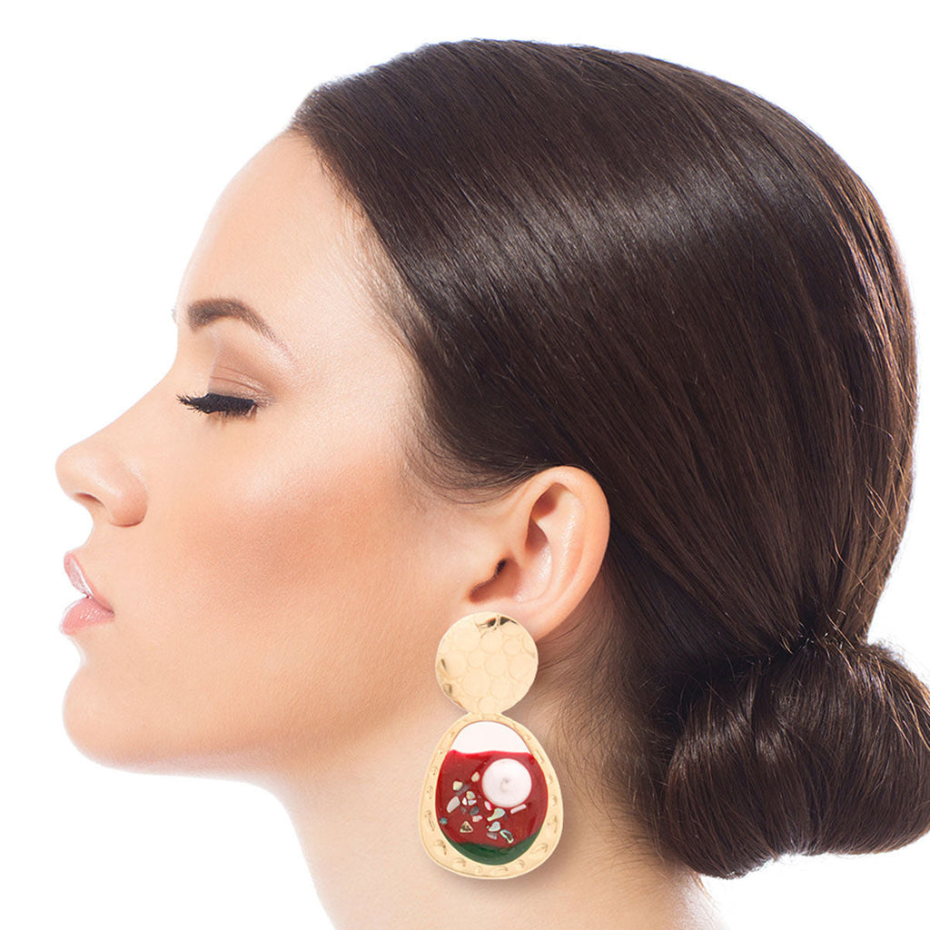 Oval Resin Earrings Gold and Red Stylish Statement Jewelry