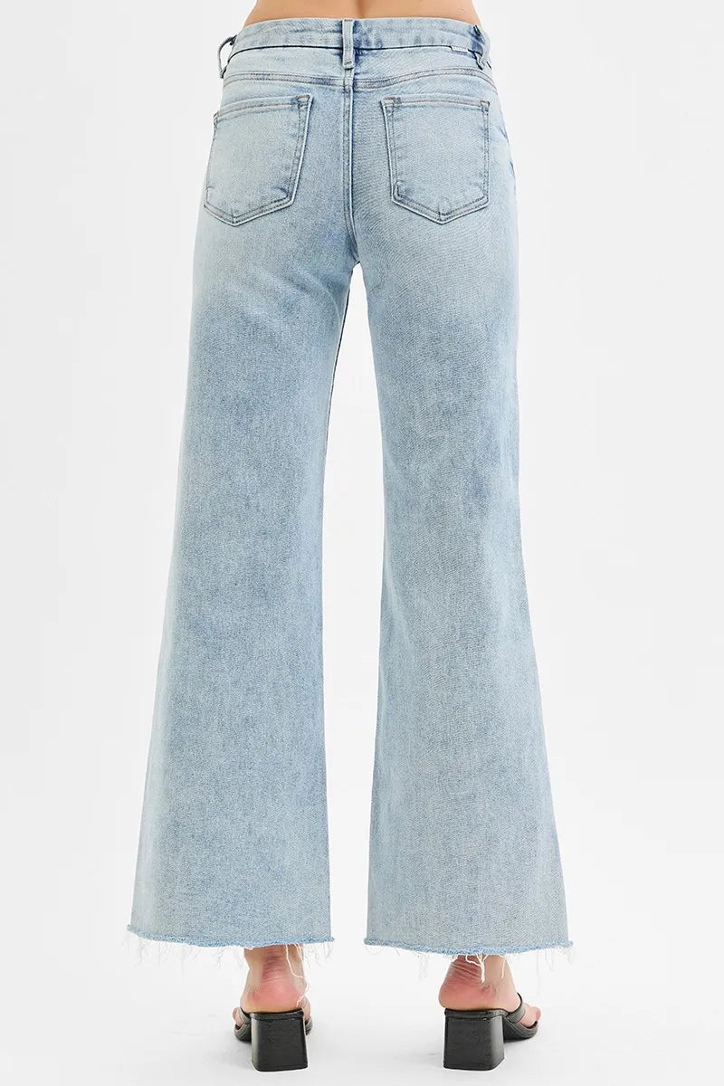 Full Size Tummy Control Low Rise Wide Leg Raw Cut Hem Jeans Plus Size
