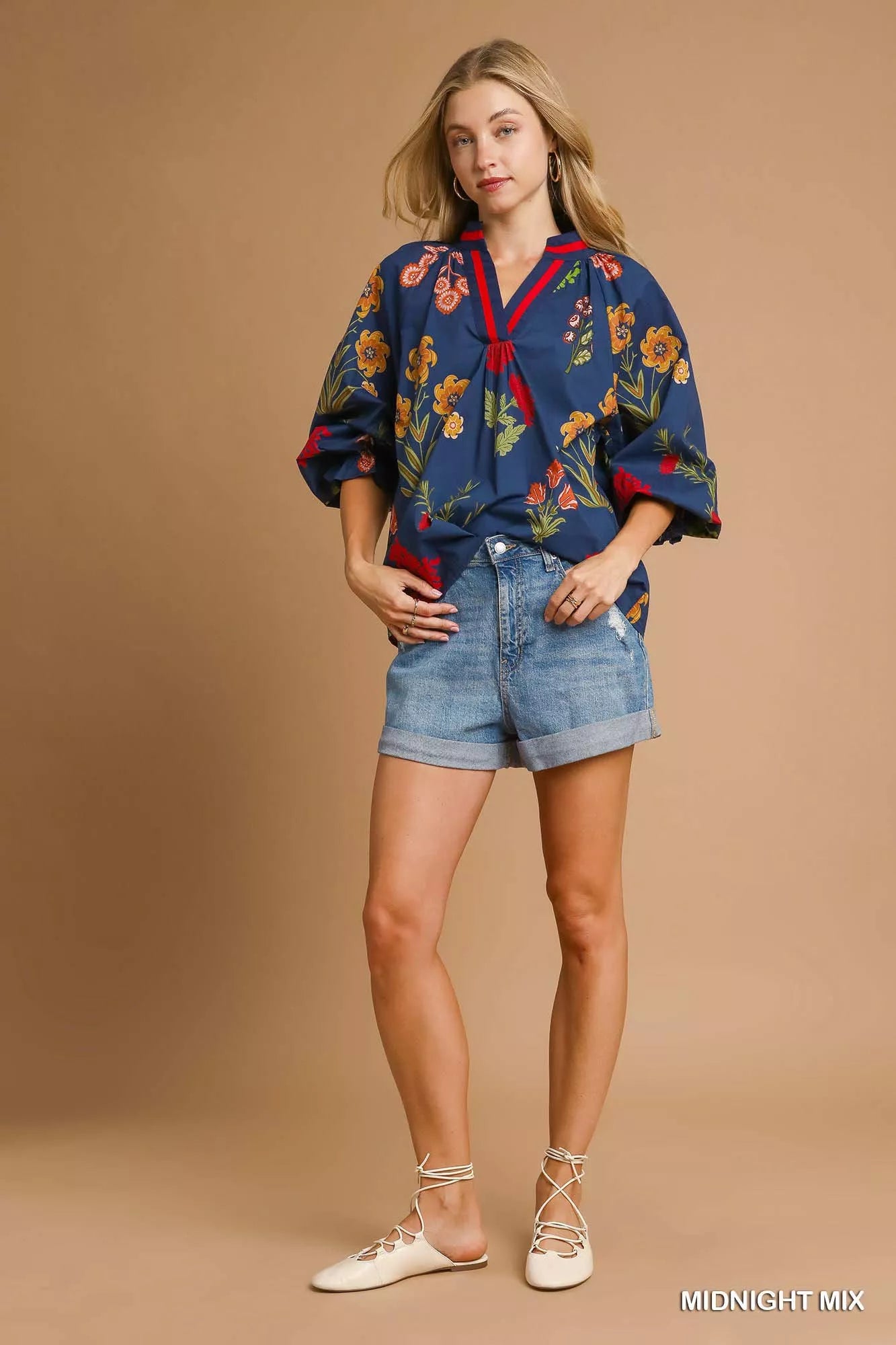 Floral Print Flounce Sleeve Blouse