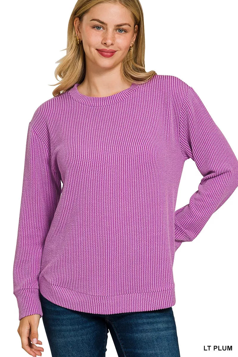 Full Size Raised Rib Round Neck Long Sleeve Top Plus Size