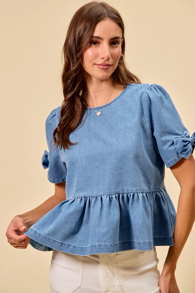 Denim Bow Detail Short Sleeves Peplum Top