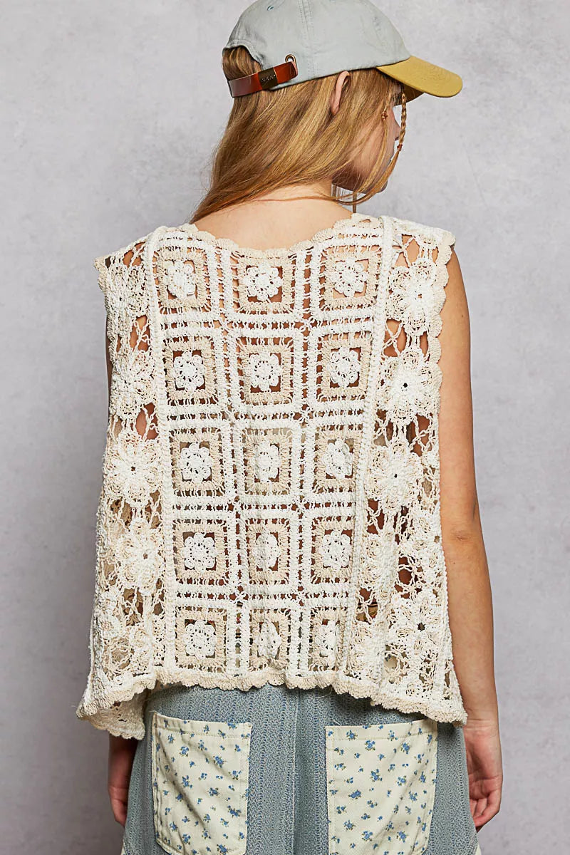 Tie Front Floral Pattern Crochet Vest with Scalloped Edge