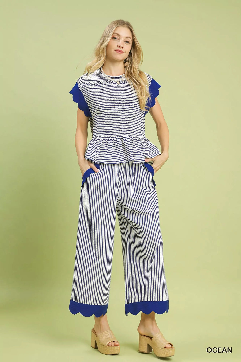 Stripe Scallop Hem Wide Leg Pants